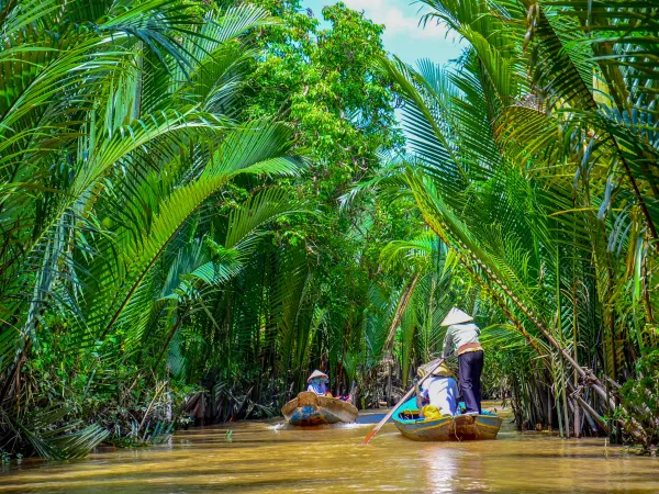 Peddelboten op de Mekongdelta in Vietnam