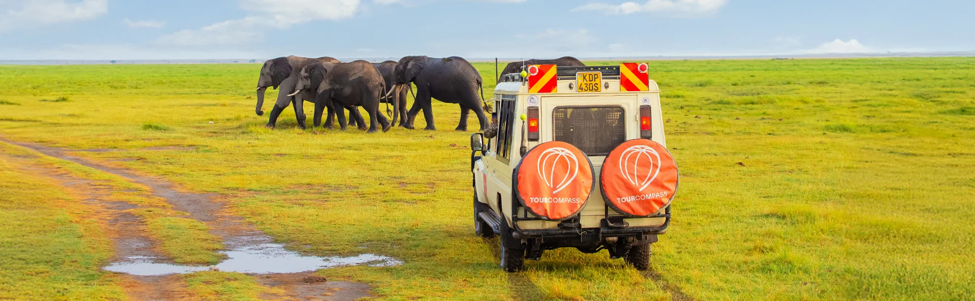 Safariwagen en olifanten in Amboseli nationaal park, Kenia